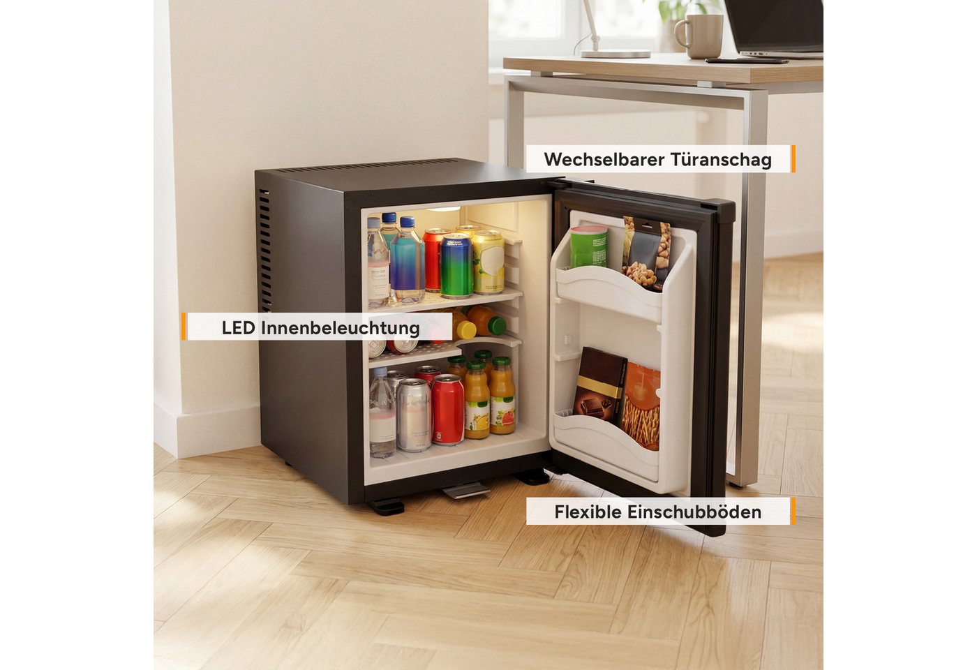 TZS FIRST AUSTRIA Table Top Kühlschrank 30L, Lautlos & Vibrationsfrei, Abschließbar FA-5172-1, 47 cm hoch, 38.5 cm breit, Minibar mit LED-Beleuchtung, Schloss & – Bild 5 von 5