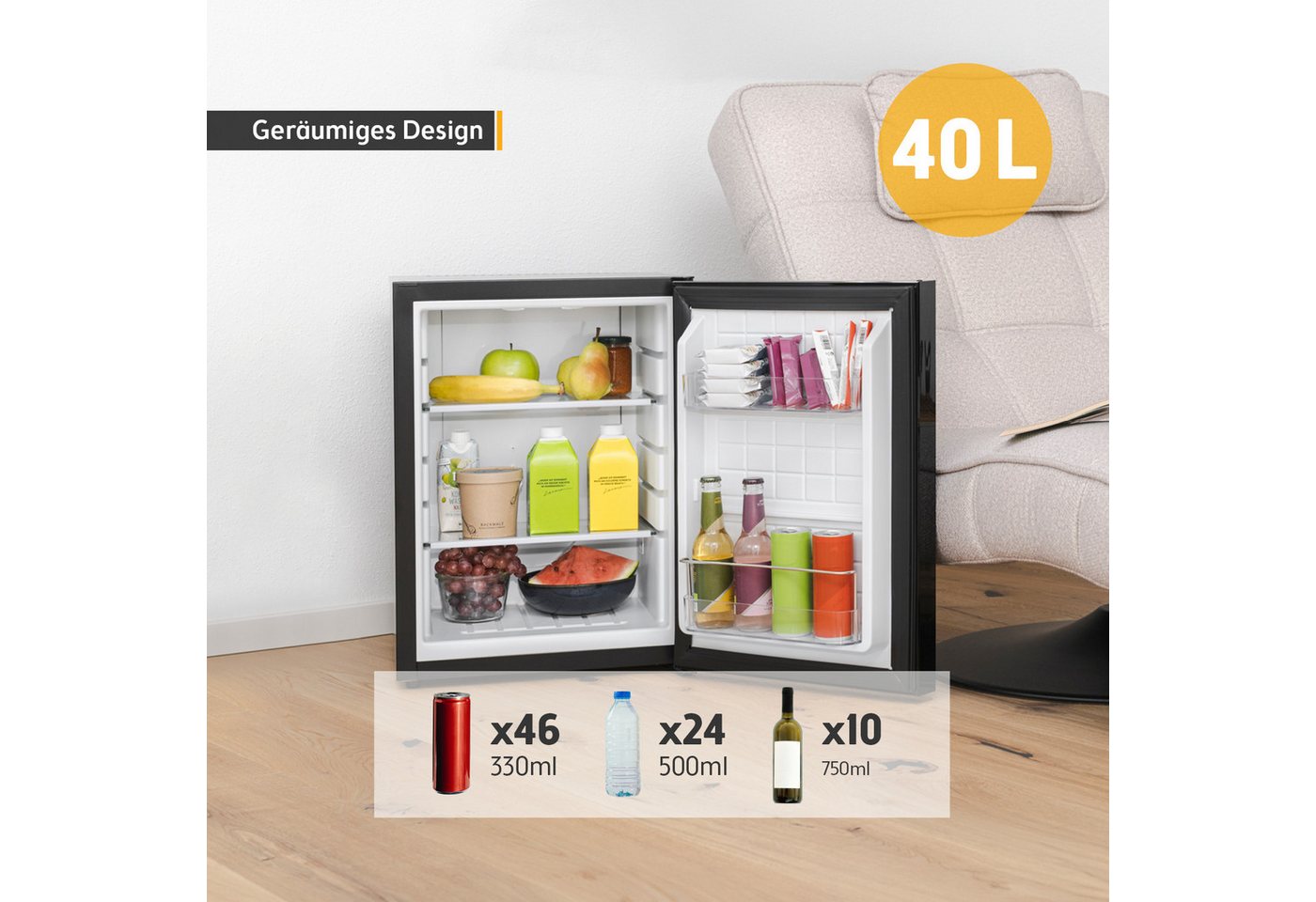 TZS FIRST AUSTRIA Table Top Kühlschrank 40L, Getränkekühlschrank LAUTLOS, Glasdesign, Minibar FA-5172-2, 57 cm hoch, 40 cm breit, Mini Kühlschrank 40L, Minibar  – Bild 4 von 5