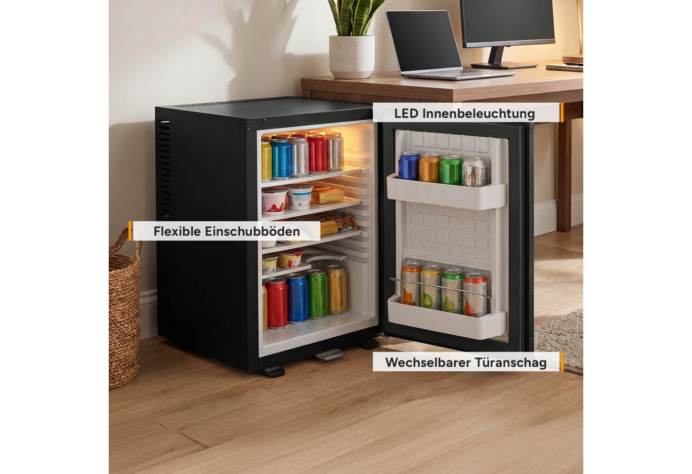 TZS FIRST AUSTRIA Table Top Kühlschrank 40L, Getränkekühlschrank LAUTLOS, LED-Beleuchtung FA-5172, 56.5 cm hoch, 40 cm breit, Minibar 22dB, wechselbarem Türansc – Bild 5 von 5