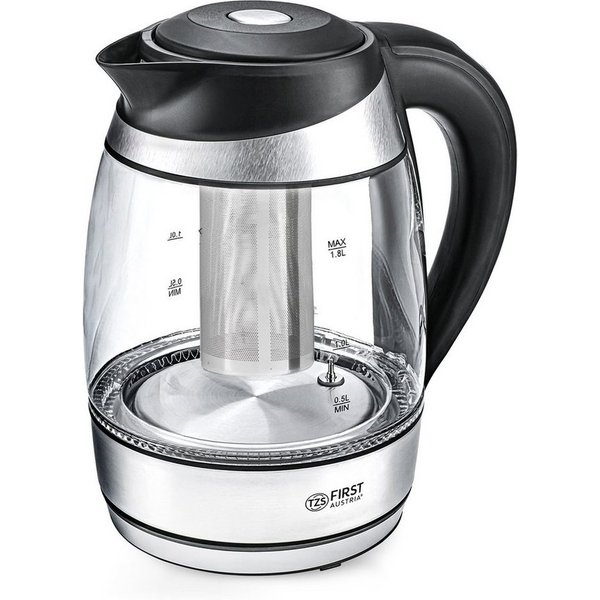 TZS FIRST AUSTRIA Wasserkocher Edelstahl, Glaswasserkocher, Teefilter, 1,8L, 2200W, Temperatur 40°C, 1.8 l, 2200 W, Farbwechsel, LED Beleuchtung-Farbe je nach T