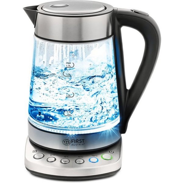 TZS FIRST AUSTRIA Wasserkocher Glaswasserkocher 1,7 L, mit Kalkfilter, 2200 Watt, Innenbeleuchtung, 1.7 l, 2200 W, kabellos, Trockenkochschutz, 360° Grad Anschl