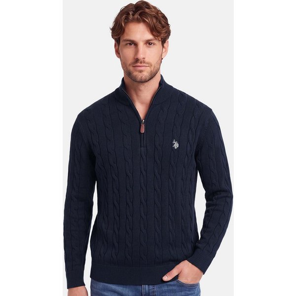 U.S. Polo Assn. Rundhalspullover Herren Halfzip Pullover mit Zopfmuster und Stehkragen 100% Baumwolle, weich, klassischer Zopfstrick-Look mit Half-Zip