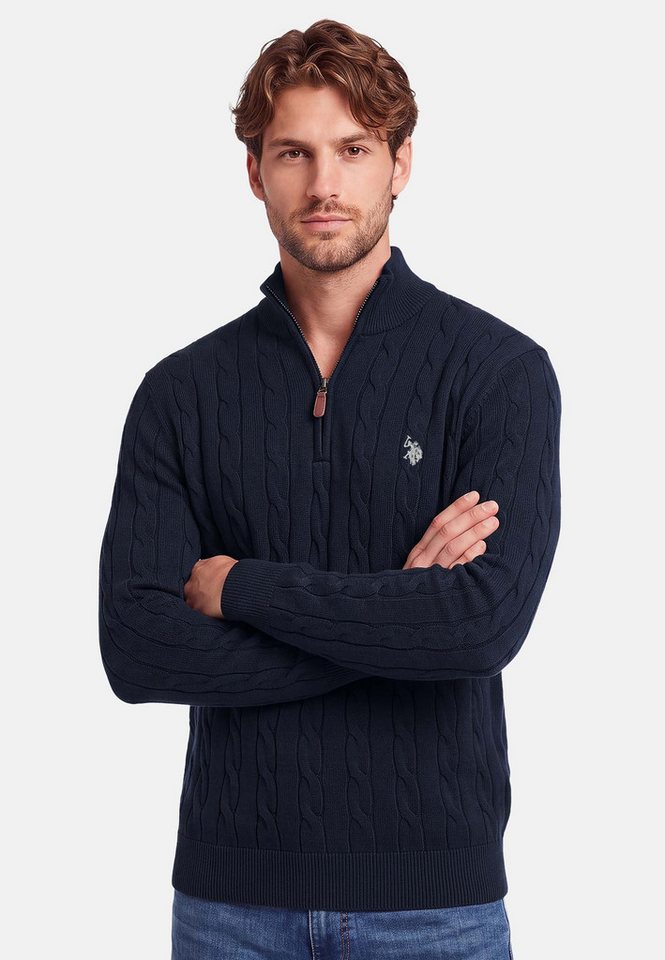 U.S. Polo Assn. Rundhalspullover Herren Halfzip Pullover mit Zopfmuster und Stehkragen 100% Baumwolle, weich, klassischer Zopfstrick-Look mit Half-Zip – Bild 2 von 5