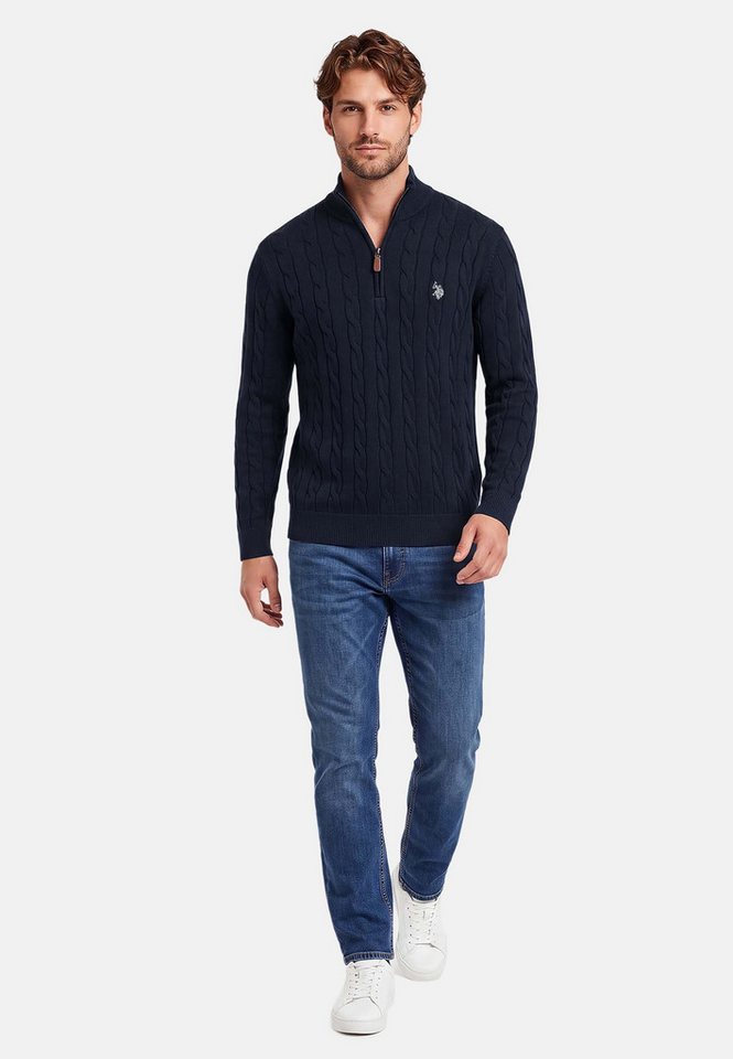 U.S. Polo Assn. Rundhalspullover Herren Halfzip Pullover mit Zopfmuster und Stehkragen 100% Baumwolle, weich, klassischer Zopfstrick-Look mit Half-Zip – Bild 3 von 5