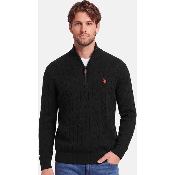 U.S. Polo Assn. Rundhalspullover Herren Halfzip Pullover mit Zopfmuster und Stehkragen 100% Baumwolle, weich, klassischer Zopfstrick-Look mit Half-Zip