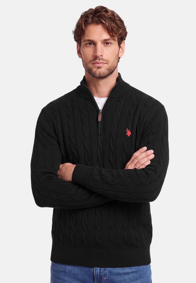 U.S. Polo Assn. Rundhalspullover Herren Halfzip Pullover mit Zopfmuster und Stehkragen 100% Baumwolle, weich, klassischer Zopfstrick-Look mit Half-Zip – Bild 2 von 5
