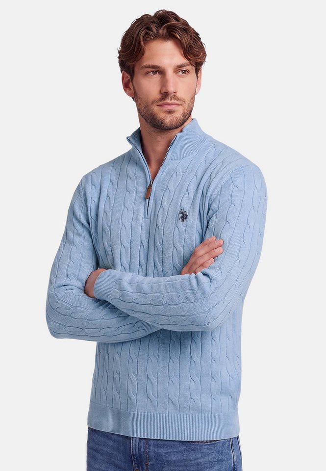 U.S. Polo Assn. Rundhalspullover Herren Halfzip Pullover mit Zopfmuster und Stehkragen 100% Baumwolle, weich, klassischer Zopfstrick-Look mit Half-Zip – Bild 2 von 5