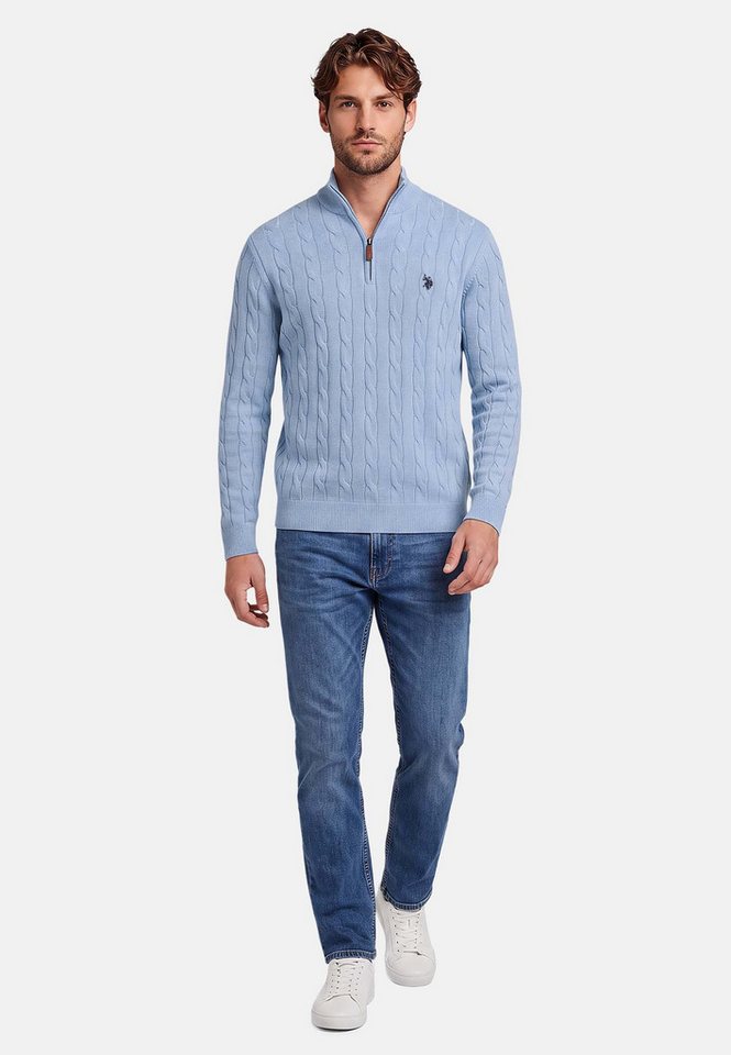 U.S. Polo Assn. Rundhalspullover Herren Halfzip Pullover mit Zopfmuster und Stehkragen 100% Baumwolle, weich, klassischer Zopfstrick-Look mit Half-Zip – Bild 3 von 5