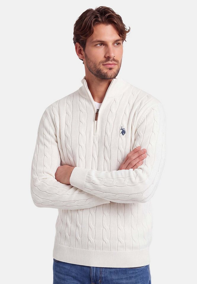 U.S. Polo Assn. Rundhalspullover Herren Halfzip Pullover mit Zopfmuster und Stehkragen 100% Baumwolle, weich, klassischer Zopfstrick-Look mit Half-Zip – Bild 2 von 5