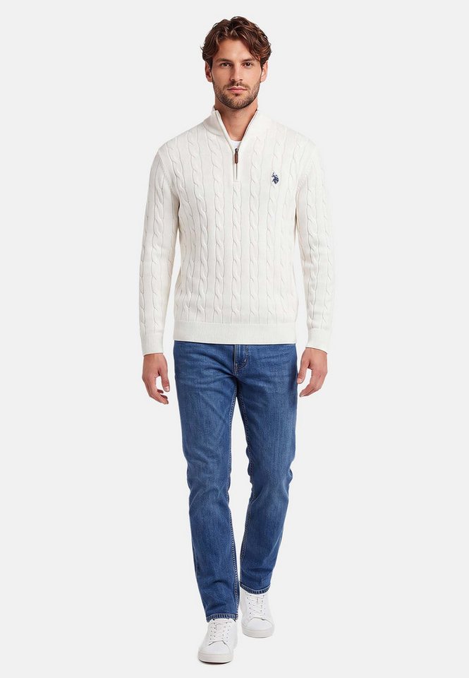 U.S. Polo Assn. Rundhalspullover Herren Halfzip Pullover mit Zopfmuster und Stehkragen 100% Baumwolle, weich, klassischer Zopfstrick-Look mit Half-Zip – Bild 3 von 5