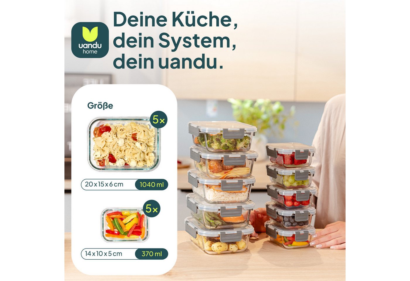 uandu home Frischhaltedose Glasbehälter mit Deckel, Frischhaltedosen Glas mit Deckel, (glasdosen mit deckel set, glas tupper mit deckel, glass food container, f – Bild 2 von 5