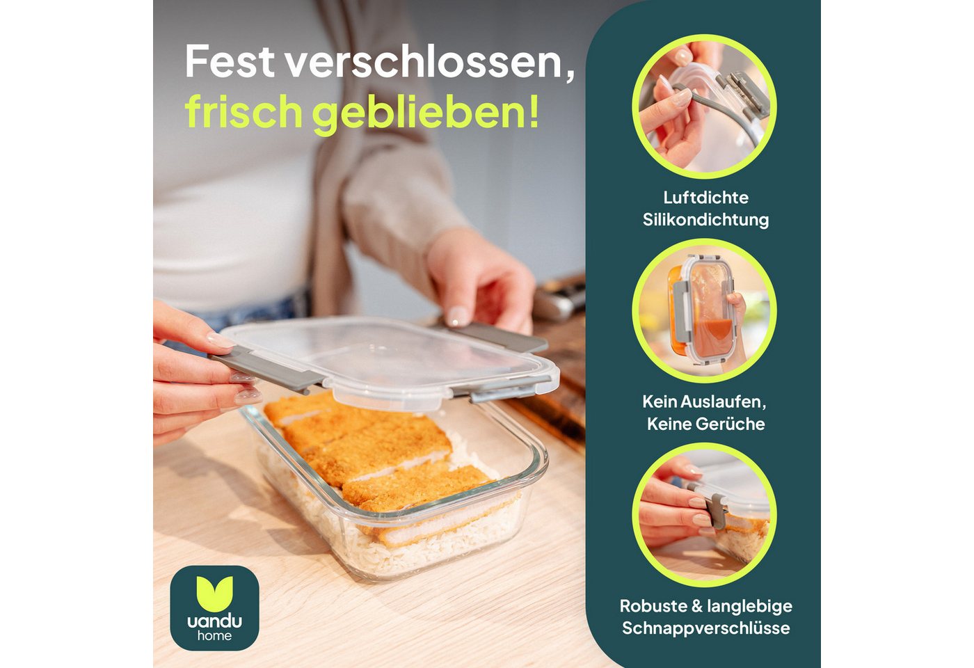 uandu home Frischhaltedose Glasbehälter mit Deckel, Frischhaltedosen Glas mit Deckel, (glasdosen mit deckel set, glas tupper mit deckel, glass food container, f – Bild 3 von 5