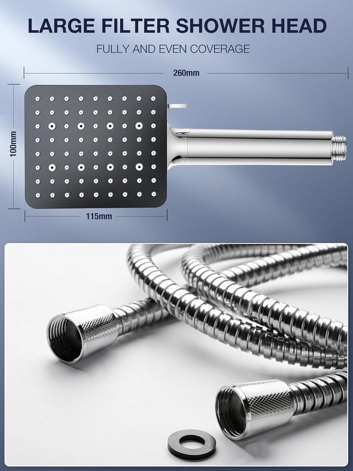 UE Stock Handbrause Universal 6 Modi Handbrause Duschkopf mit150cm Schlauch Silber Schwarz, (2-tlg), ideal für entspannende Duschen – Bild 5 von 5