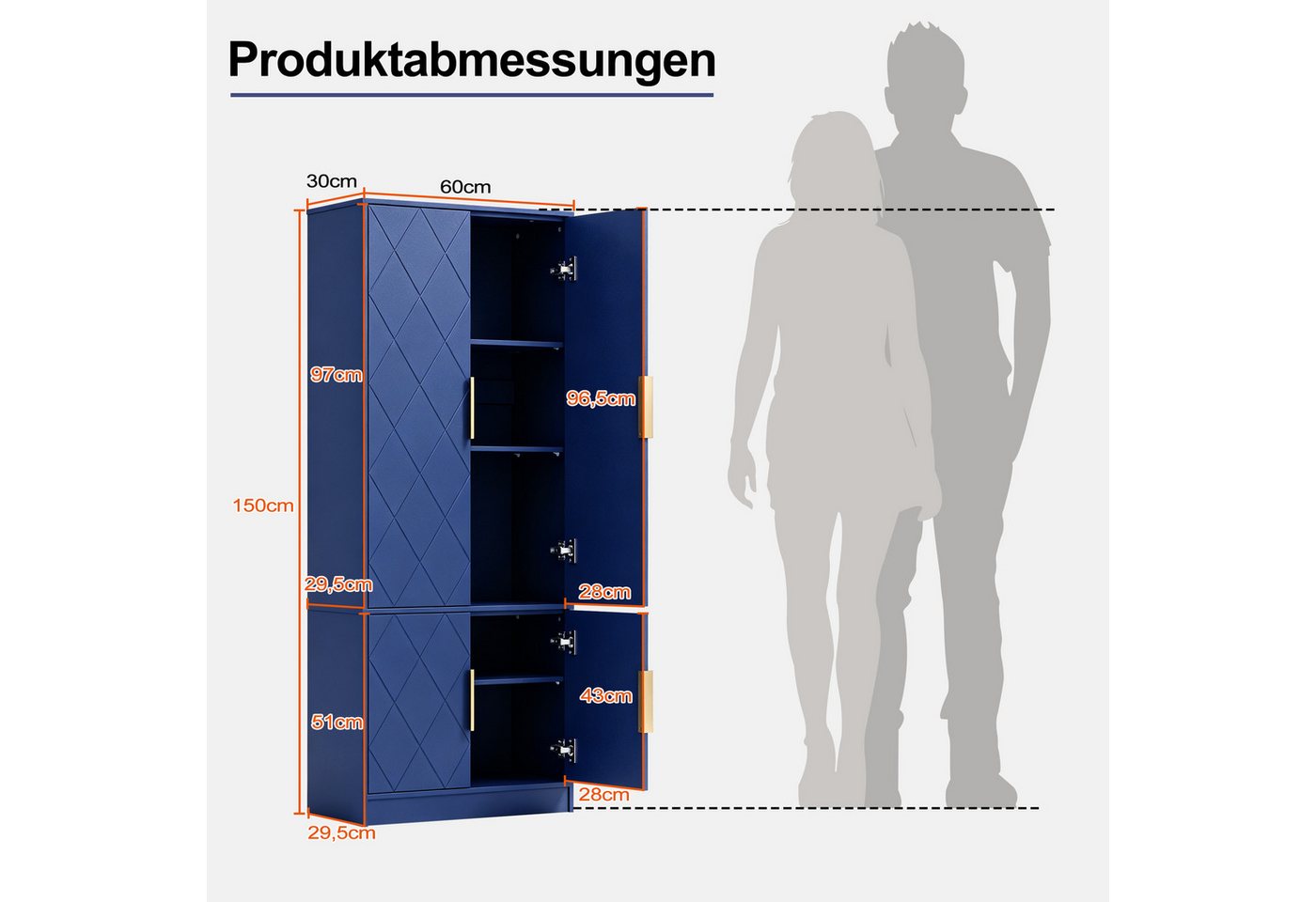 UEV Hochschrank mit 4 Türen, Kücheschrank, Mehrzweckschrank 60x30x150cm (Schuhschrank verschiedenen, Wohnzimmerschrank Stauraumschrank Flurschrank) Vorratsschra – Bild 4 von 5