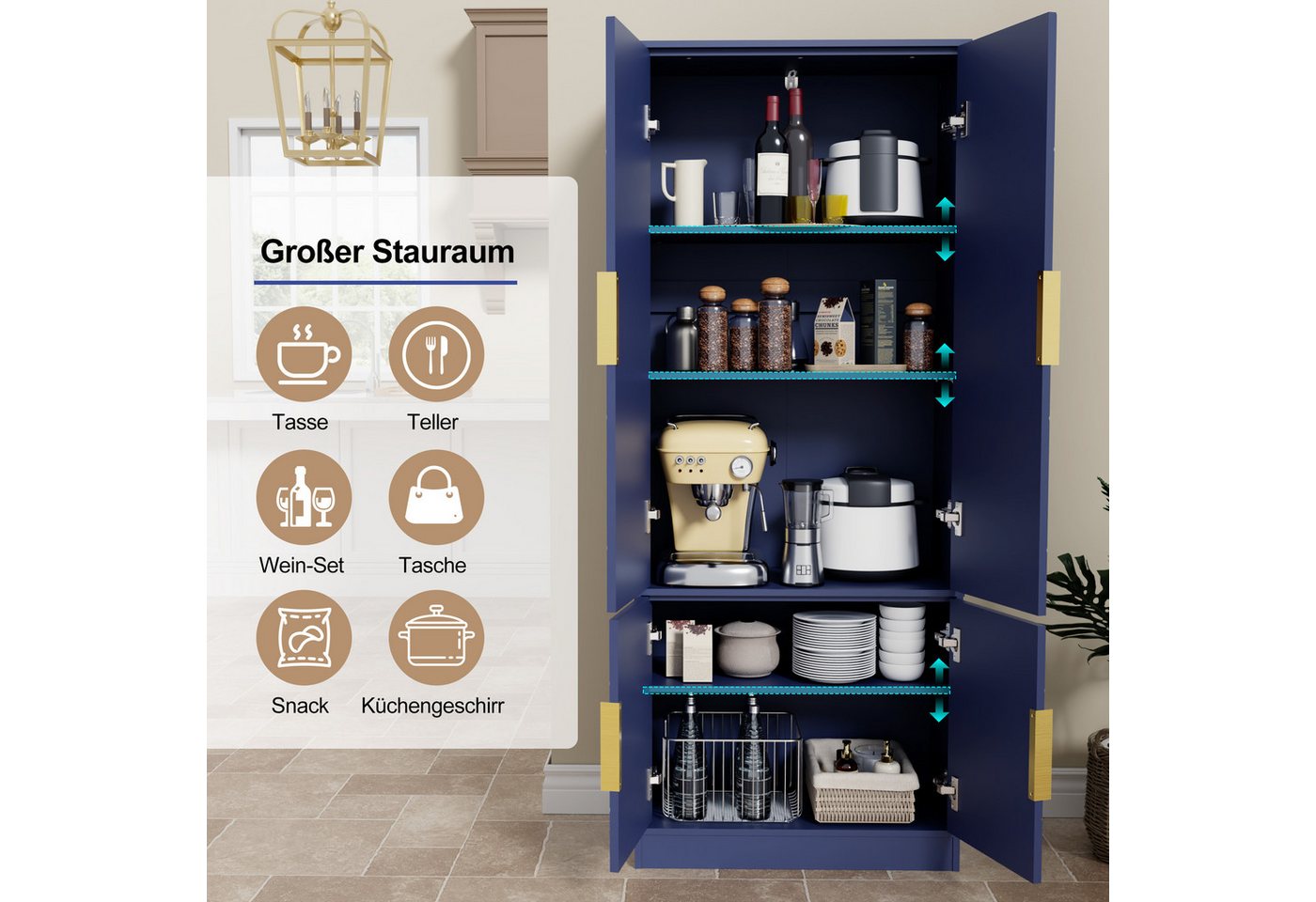 UEV Hochschrank mit 4 Türen, Kücheschrank, Mehrzweckschrank 60x30x150cm (Schuhschrank verschiedenen, Wohnzimmerschrank Stauraumschrank Flurschrank) Vorratsschra – Bild 5 von 5