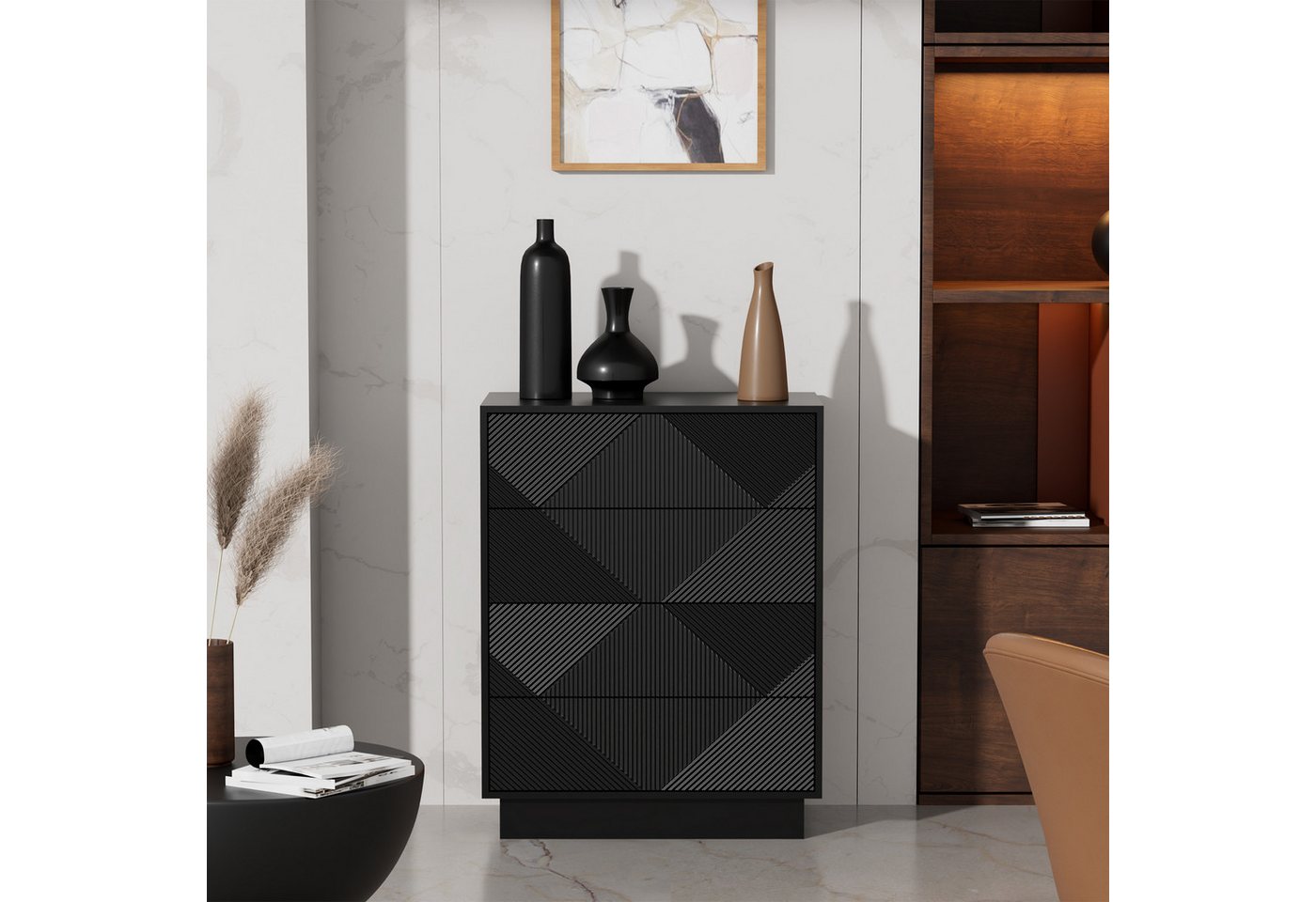 UEV Kommode mit 4 Schublanden, Sideboard, Schubladenschrank Schmal, 60x33,5x77,5cm (Sideboard für Wohnzimmer Schlafzimmer Büro Flur, Mehrzweckschrank aus Holz B – Bild 2 von 5