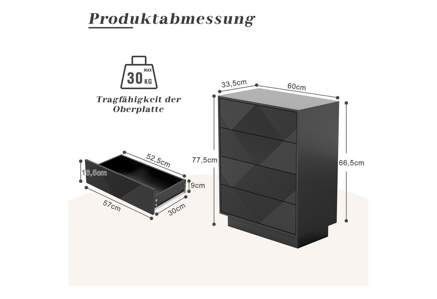 UEV Kommode mit 4 Schublanden, Sideboard, Schubladenschrank Schmal, 60x33,5x77,5cm (Sideboard für Wohnzimmer Schlafzimmer Büro Flur, Mehrzweckschrank aus Holz B – Bild 3 von 5
