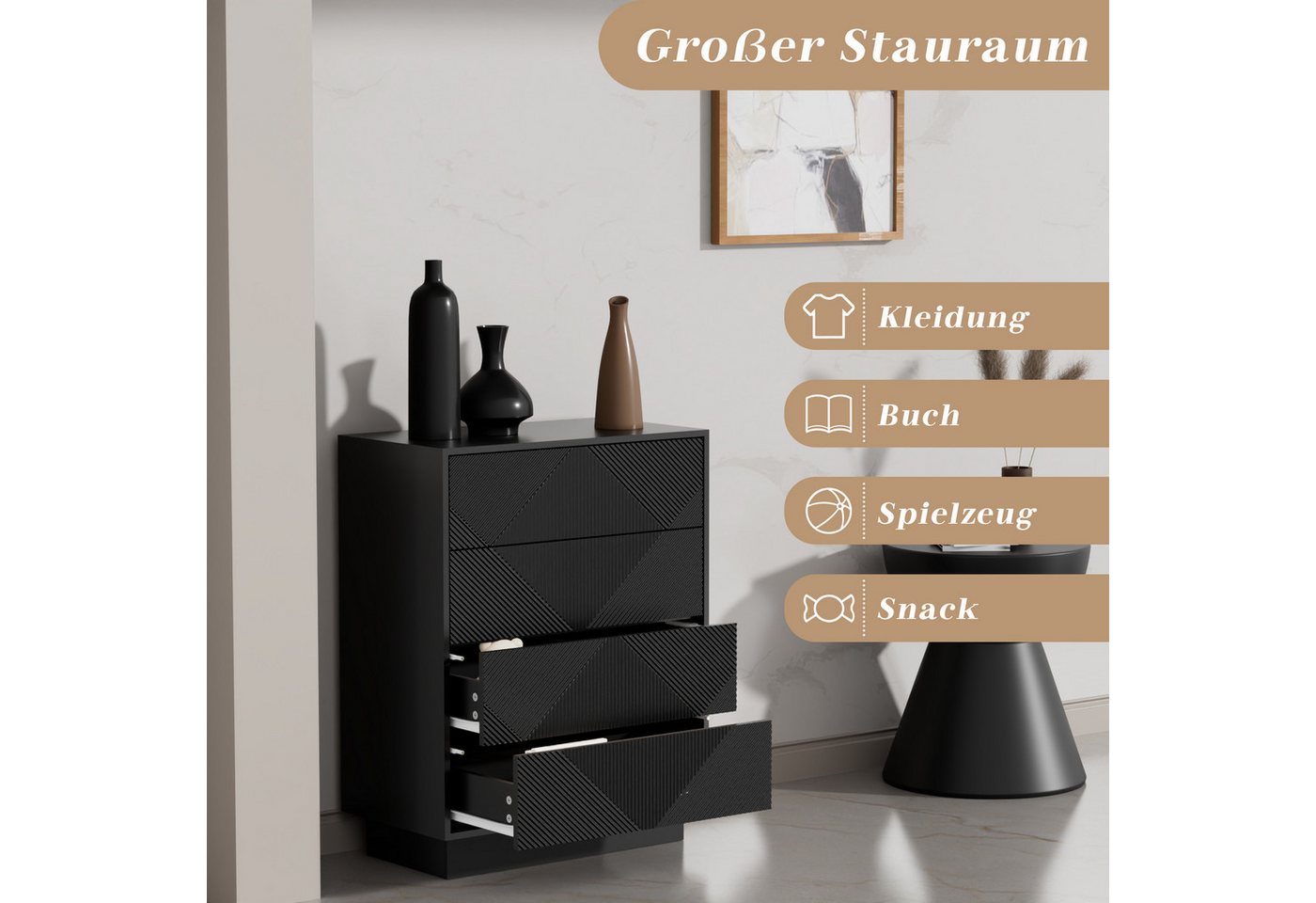 UEV Kommode mit 4 Schublanden, Sideboard, Schubladenschrank Schmal, 60x33,5x77,5cm (Sideboard für Wohnzimmer Schlafzimmer Büro Flur, Mehrzweckschrank aus Holz B – Bild 4 von 5