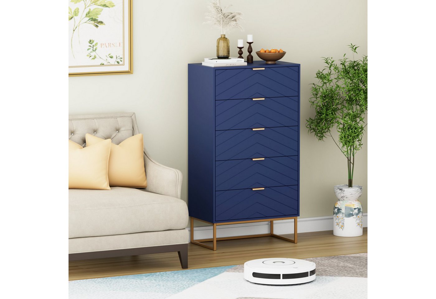 UEV Kommode mit 5 Schublanden, Sideboard, Schubladenschrank, Schmal kommode modern (60x34x110cm, Schrank für Wohnzimmer Schlafzimmer Flur Büro), mit Kippschutz  – Bild 3 von 5