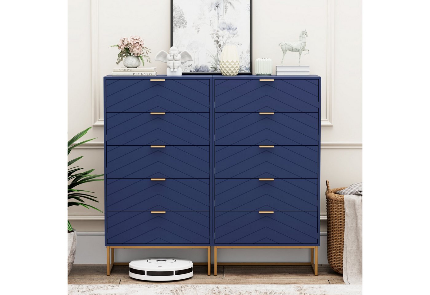 UEV Kommode mit 5 Schublanden, Sideboard, Schubladenschrank, Schmal kommode modern (60x34x110cm, Schrank für Wohnzimmer Schlafzimmer Flur Büro), mit Kippschutz  – Bild 4 von 5
