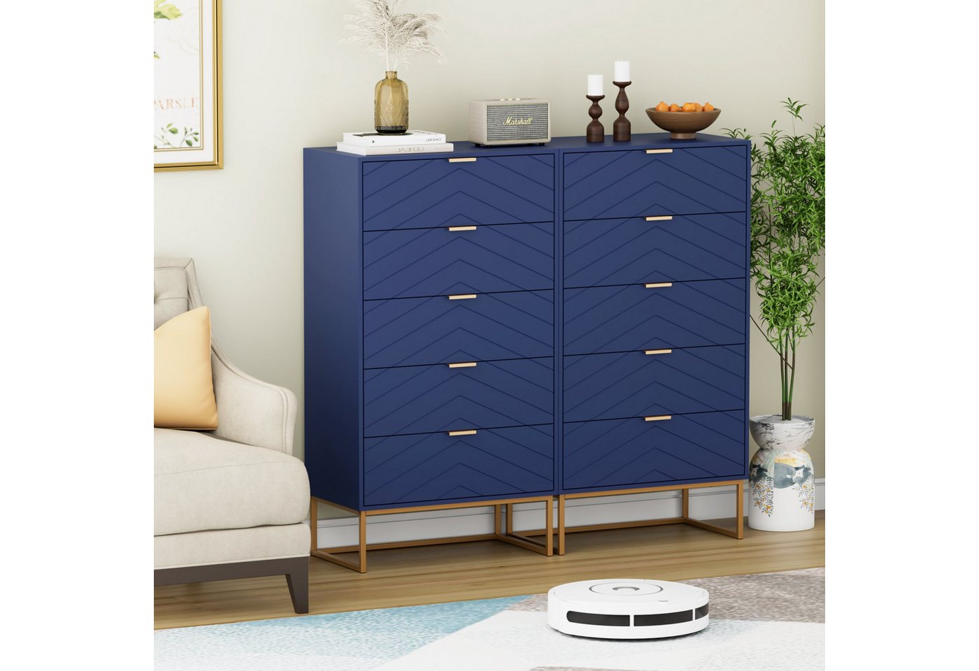 UEV Kommode mit 5 Schublanden, Sideboard, Schubladenschrank, Schmal kommode modern (60x34x110cm, Schrank für Wohnzimmer Schlafzimmer Flur Büro), mit Kippschutz  – Bild 5 von 5