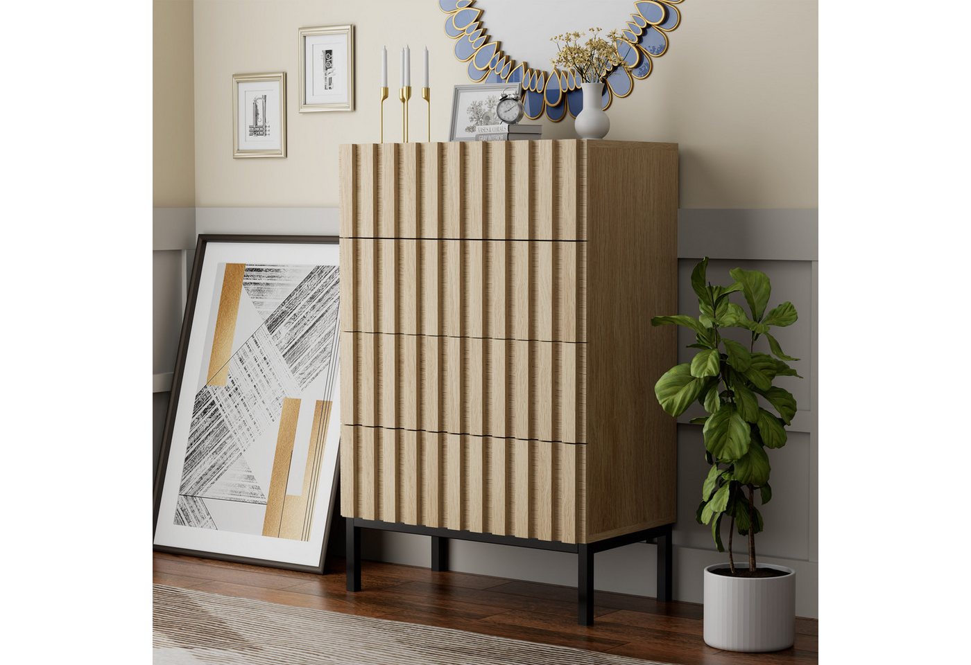 UEV Kommode schmal mit 4/5 Schublanden, Sideboard Beistellschrank Buffet (Aufbewahrungskommode, Mehrzweckschrank aus Holz(Natur/Schwarz/Dunkelbraun), Schrank fü – Bild 2 von 5
