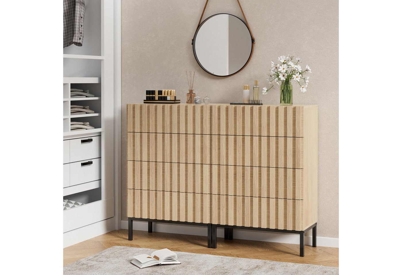 UEV Kommode schmal mit 4/5 Schublanden, Sideboard Beistellschrank Buffet (Aufbewahrungskommode, Mehrzweckschrank aus Holz(Natur/Schwarz/Dunkelbraun), Schrank fü – Bild 3 von 5