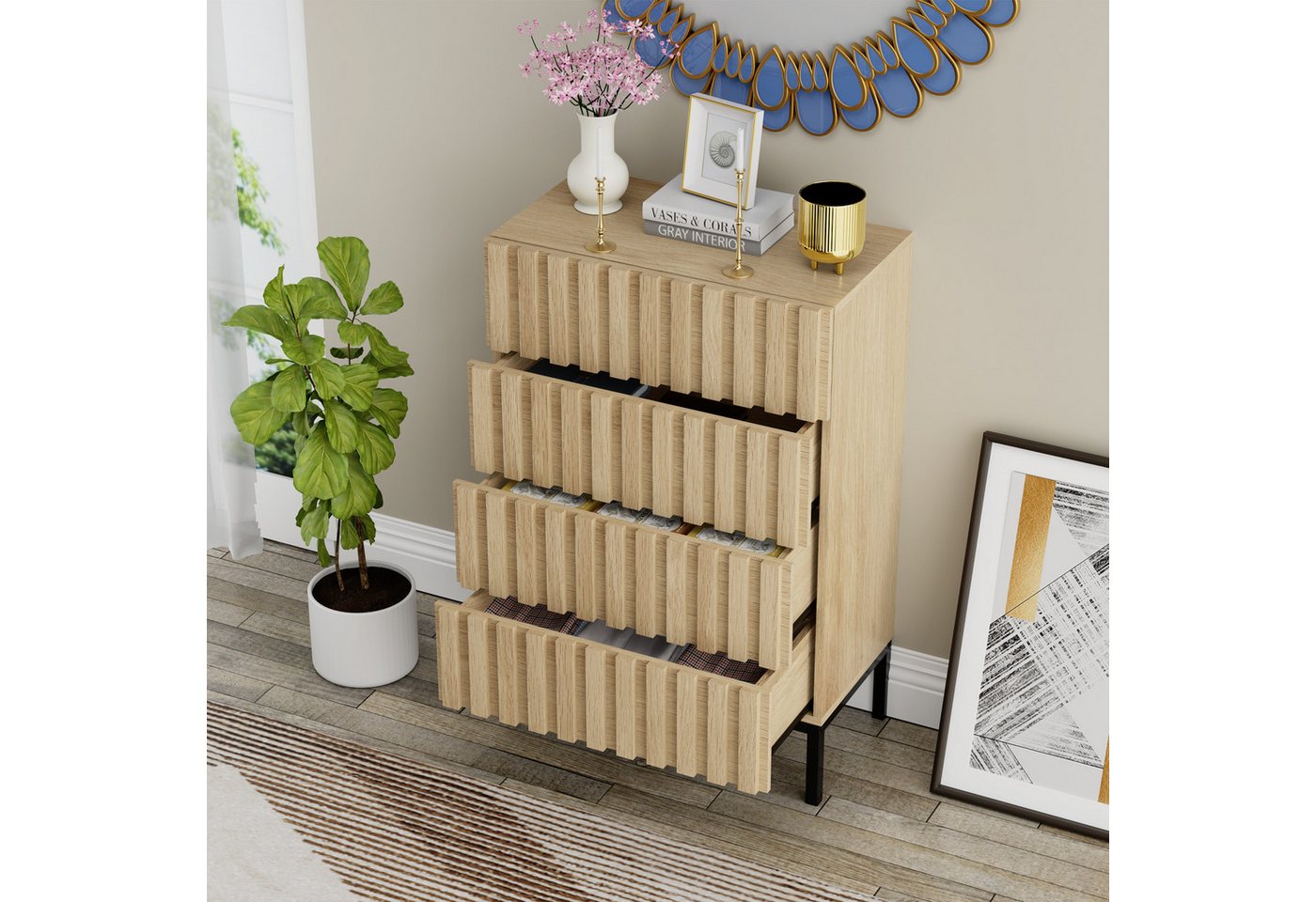 UEV Kommode schmal mit 4/5 Schublanden, Sideboard Beistellschrank Buffet (Aufbewahrungskommode, Mehrzweckschrank aus Holz(Natur/Schwarz/Dunkelbraun), Schrank fü – Bild 4 von 5