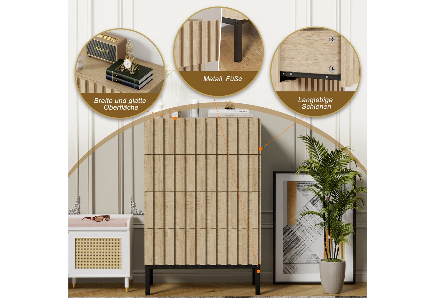 UEV Kommode schmal mit 4/5 Schublanden, Sideboard Beistellschrank Buffet (Aufbewahrungskommode, Mehrzweckschrank aus Holz(Natur/Schwarz/Dunkelbraun), Schrank fü – Bild 5 von 5