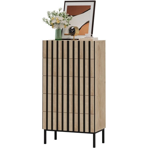 UEV Kommode schmal mit 4/5 Schublanden, Sideboard Beistellschrank Buffet (Aufbewahrungskommode, Mehrzweckschrank aus Holz(Natur/Schwarz/Dunkelbraun), Schrank fü