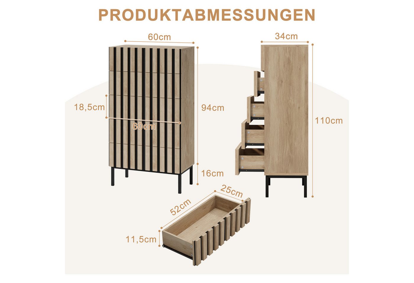 UEV Kommode schmal mit 4/5 Schublanden, Sideboard Beistellschrank Buffet (Aufbewahrungskommode, Mehrzweckschrank aus Holz(Natur/Schwarz/Dunkelbraun), Schrank fü – Bild 2 von 5