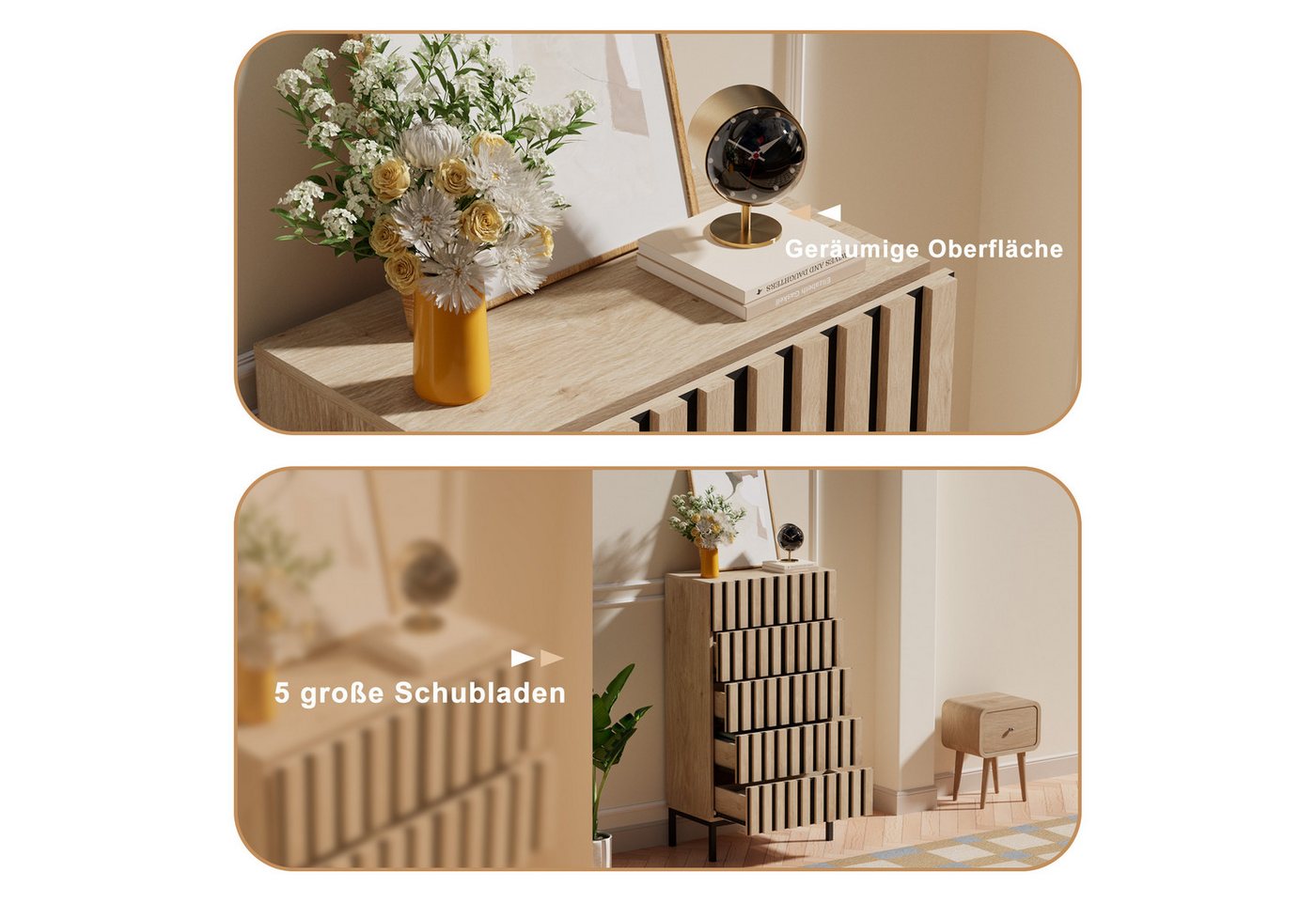 UEV Kommode schmal mit 4/5 Schublanden, Sideboard Beistellschrank Buffet (Aufbewahrungskommode, Mehrzweckschrank aus Holz(Natur/Schwarz/Dunkelbraun), Schrank fü – Bild 3 von 5