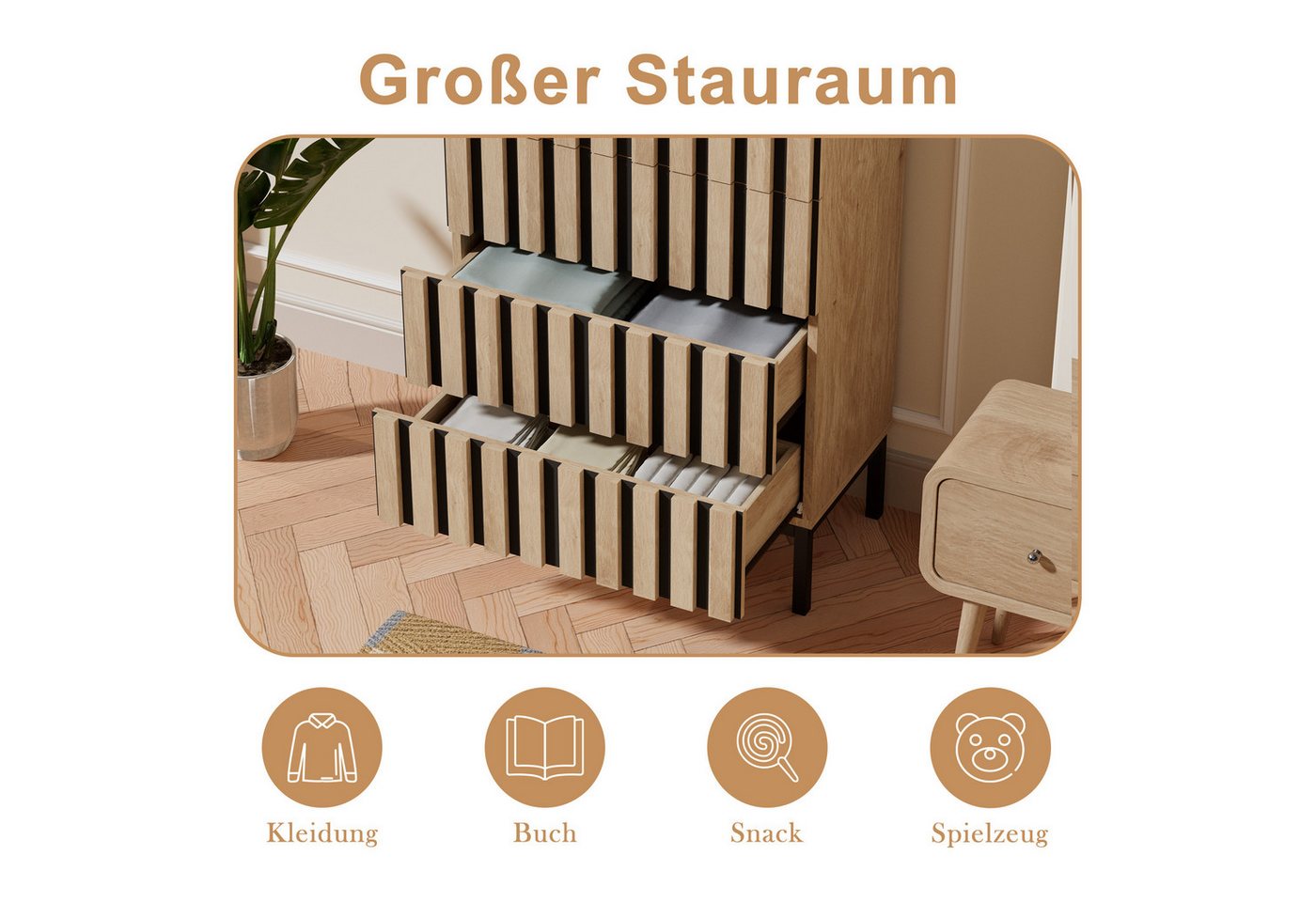 UEV Kommode schmal mit 4/5 Schublanden, Sideboard Beistellschrank Buffet (Aufbewahrungskommode, Mehrzweckschrank aus Holz(Natur/Schwarz/Dunkelbraun), Schrank fü – Bild 4 von 5