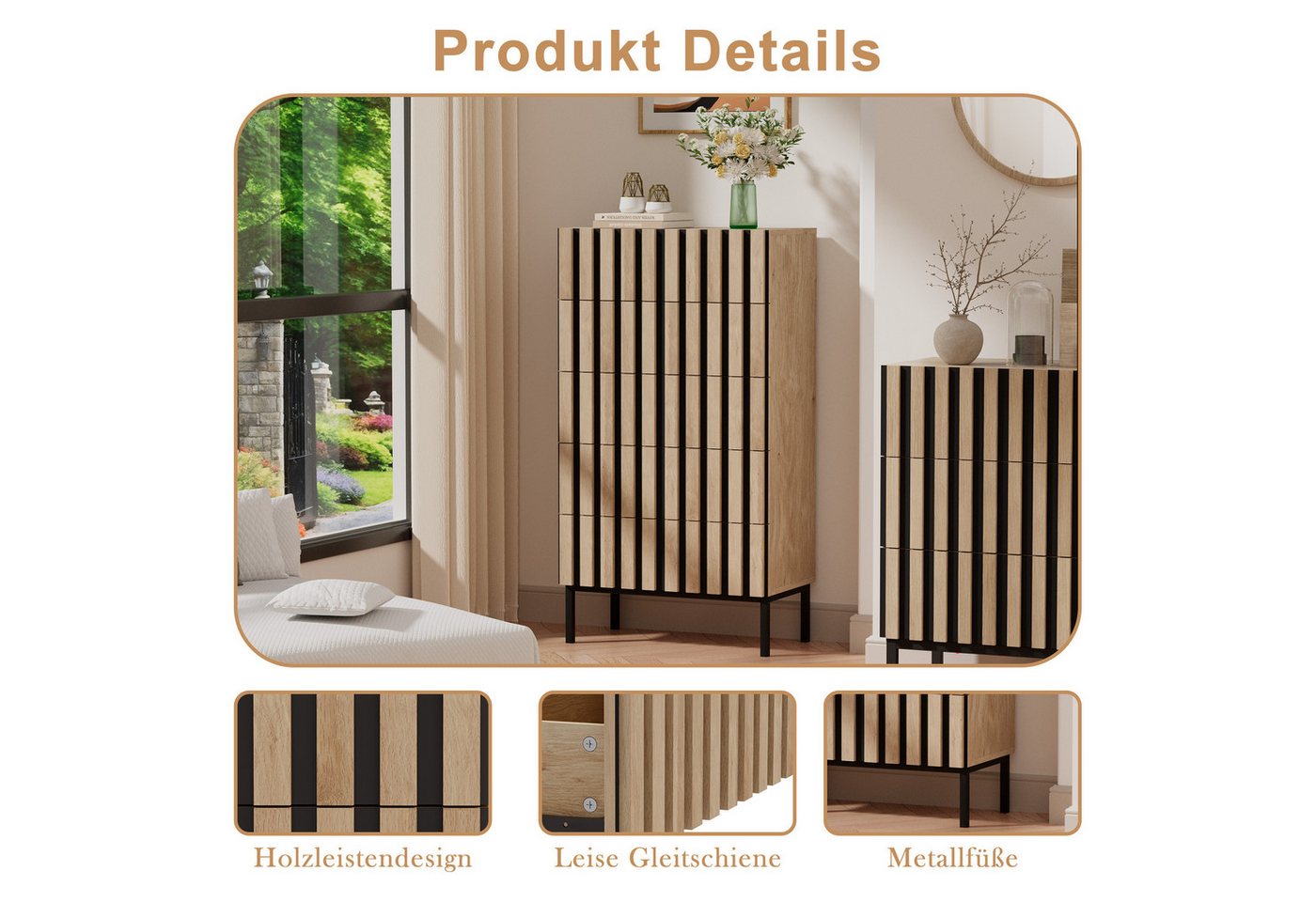 UEV Kommode schmal mit 4/5 Schublanden, Sideboard Beistellschrank Buffet (Aufbewahrungskommode, Mehrzweckschrank aus Holz(Natur/Schwarz/Dunkelbraun), Schrank fü – Bild 5 von 5