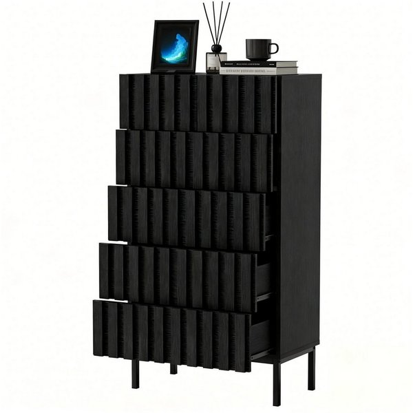 UEV Kommode schmal mit 4/5 Schublanden, Sideboard Beistellschrank Buffet (Aufbewahrungskommode, Mehrzweckschrank aus Holz(Natur/Schwarz/Dunkelbraun), Schrank fü
