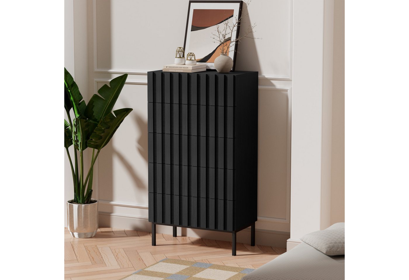 UEV Kommode schmal mit 4/5 Schublanden, Sideboard Beistellschrank Buffet (Aufbewahrungskommode, Mehrzweckschrank aus Holz(Natur/Schwarz/Dunkelbraun), Schrank fü – Bild 2 von 5