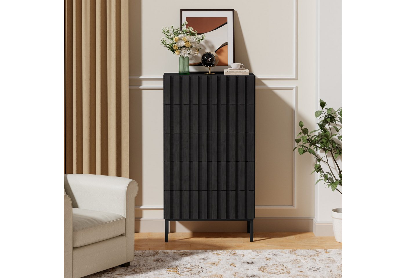 UEV Kommode schmal mit 4/5 Schublanden, Sideboard Beistellschrank Buffet (Aufbewahrungskommode, Mehrzweckschrank aus Holz(Natur/Schwarz/Dunkelbraun), Schrank fü – Bild 3 von 5