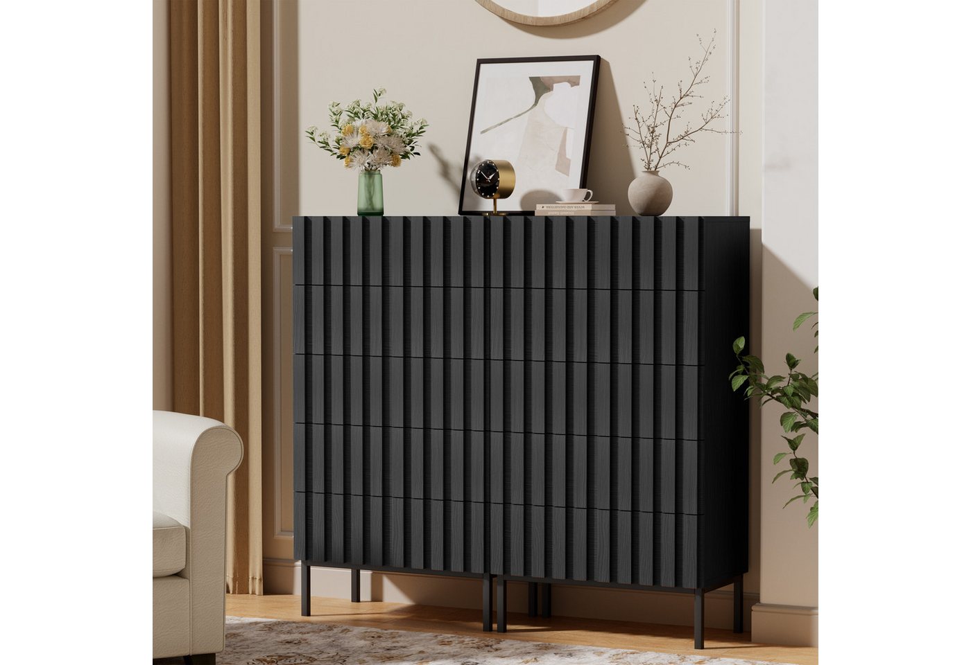UEV Kommode schmal mit 4/5 Schublanden, Sideboard Beistellschrank Buffet (Aufbewahrungskommode, Mehrzweckschrank aus Holz(Natur/Schwarz/Dunkelbraun), Schrank fü – Bild 4 von 5
