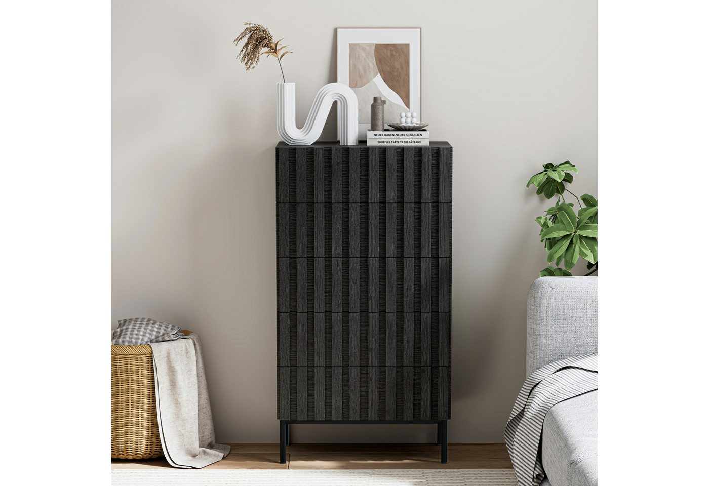 UEV Kommode schmal mit 4/5 Schublanden, Sideboard Beistellschrank Buffet (Aufbewahrungskommode, Mehrzweckschrank aus Holz(Natur/Schwarz/Dunkelbraun), Schrank fü – Bild 5 von 5