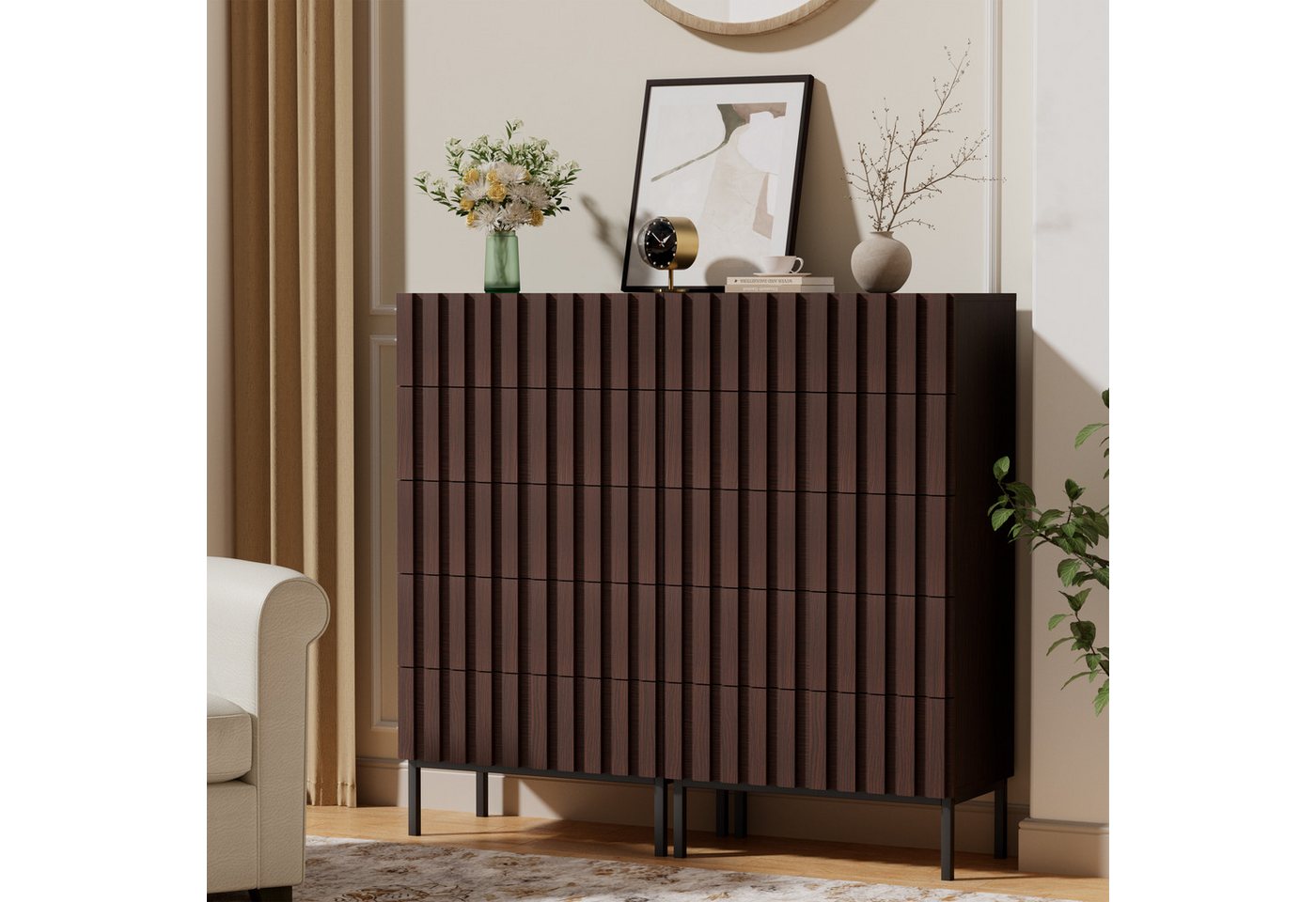 UEV Kommode schmal mit 4/5 Schublanden, Sideboard Beistellschrank Buffet (Aufbewahrungskommode, Mehrzweckschrank aus Holz(Natur/Schwarz/Dunkelbraun), Schrank fü – Bild 4 von 5