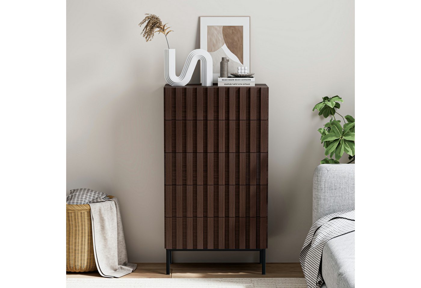 UEV Kommode schmal mit 4/5 Schublanden, Sideboard Beistellschrank Buffet (Aufbewahrungskommode, Mehrzweckschrank aus Holz(Natur/Schwarz/Dunkelbraun), Schrank fü – Bild 5 von 5