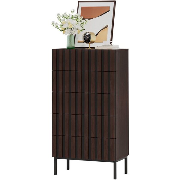 UEV Kommode schmal mit 4/5 Schublanden, Sideboard Beistellschrank Buffet (Aufbewahrungskommode, Mehrzweckschrank aus Holz(Natur/Schwarz/Dunkelbraun), Schrank fü