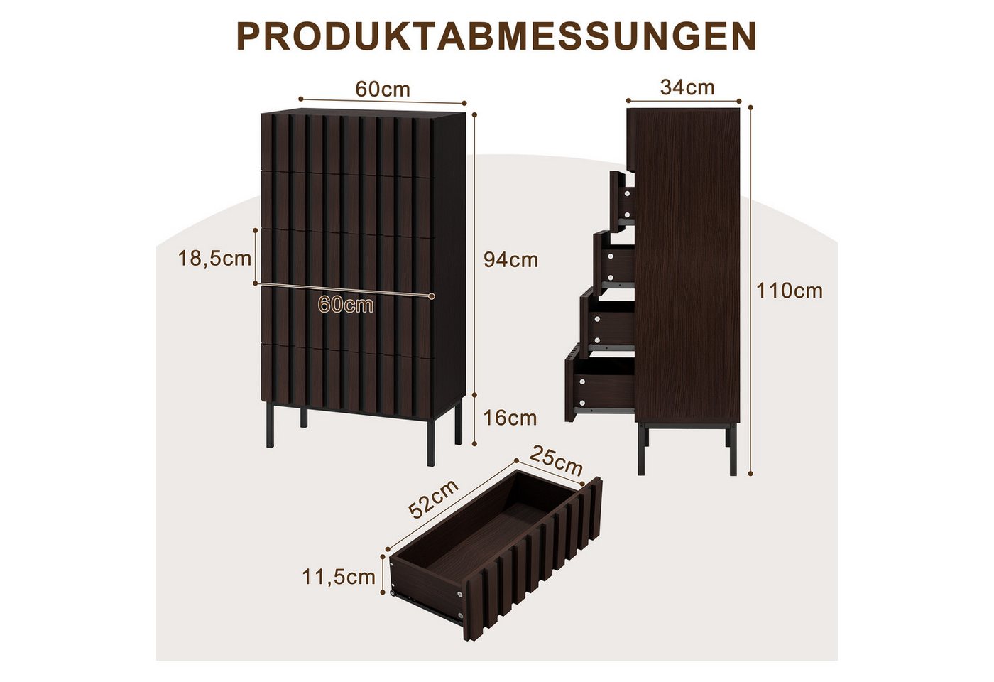 UEV Kommode schmal mit 4/5 Schublanden, Sideboard Beistellschrank Buffet (Aufbewahrungskommode, Mehrzweckschrank aus Holz(Natur/Schwarz/Dunkelbraun), Schrank fü – Bild 2 von 5