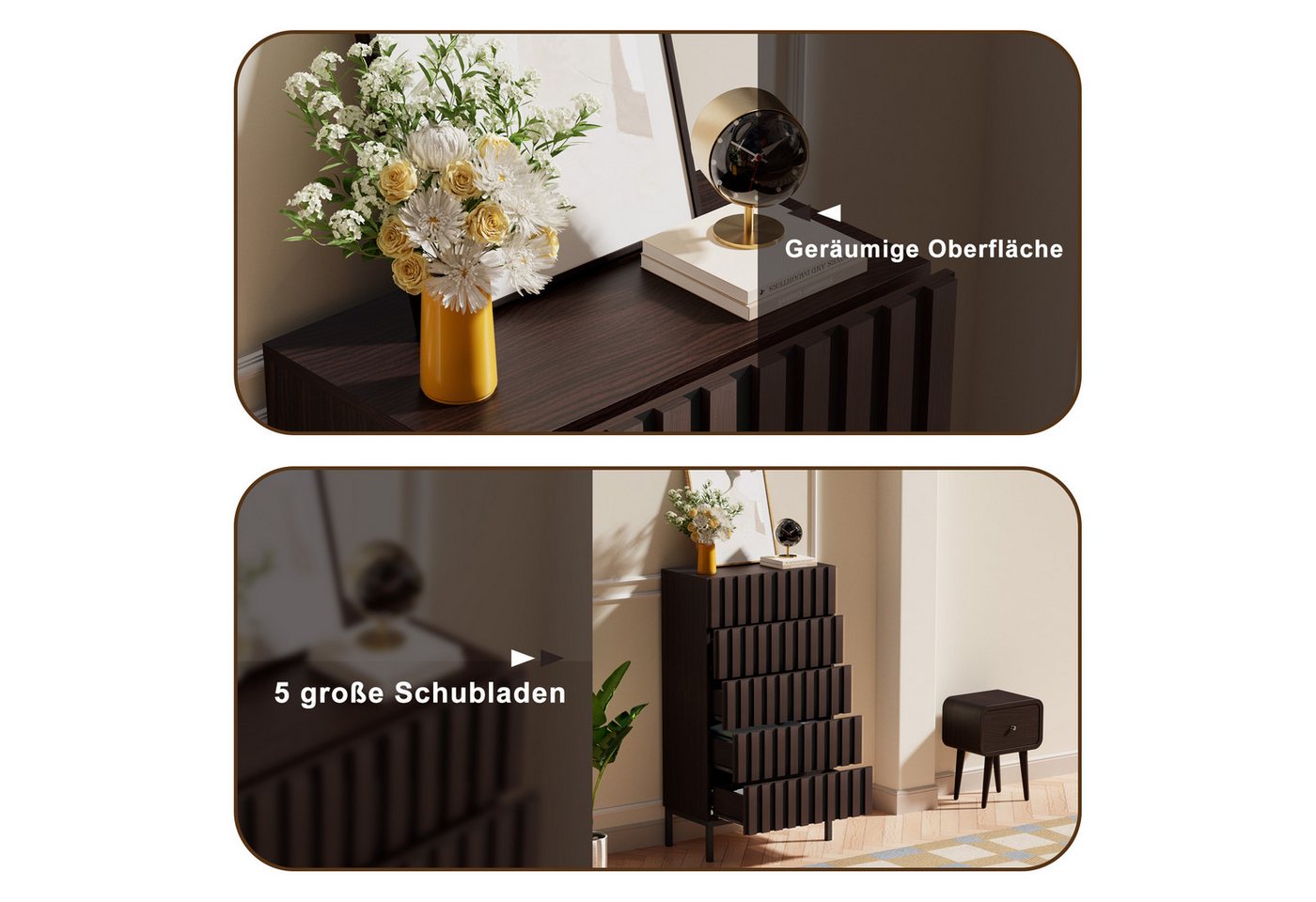UEV Kommode schmal mit 4/5 Schublanden, Sideboard Beistellschrank Buffet (Aufbewahrungskommode, Mehrzweckschrank aus Holz(Natur/Schwarz/Dunkelbraun), Schrank fü – Bild 3 von 5