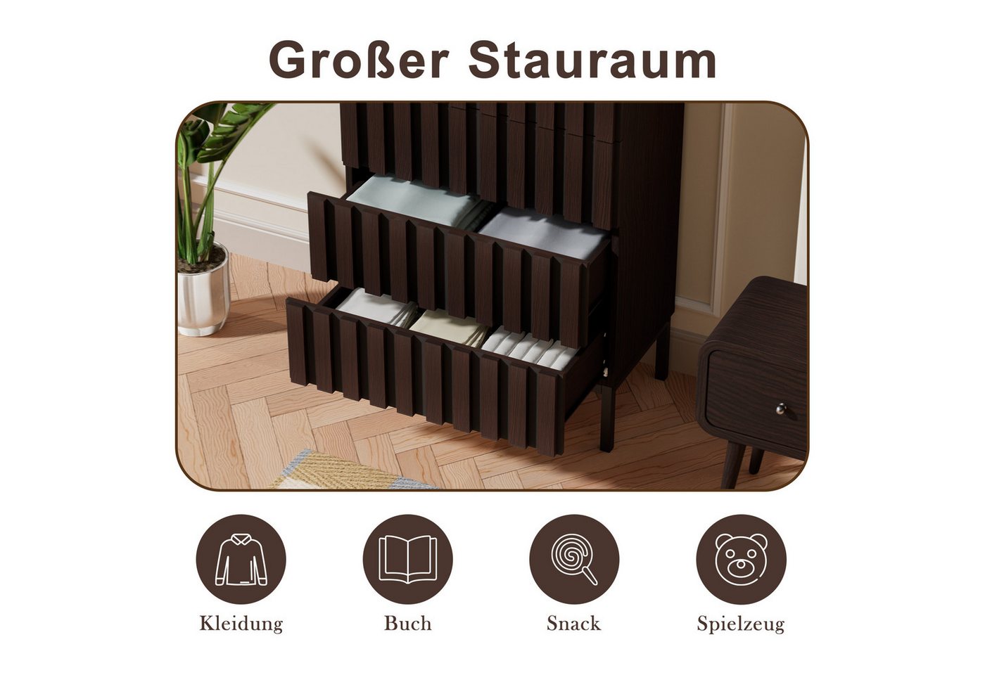 UEV Kommode schmal mit 4/5 Schublanden, Sideboard Beistellschrank Buffet (Aufbewahrungskommode, Mehrzweckschrank aus Holz(Natur/Schwarz/Dunkelbraun), Schrank fü – Bild 4 von 5