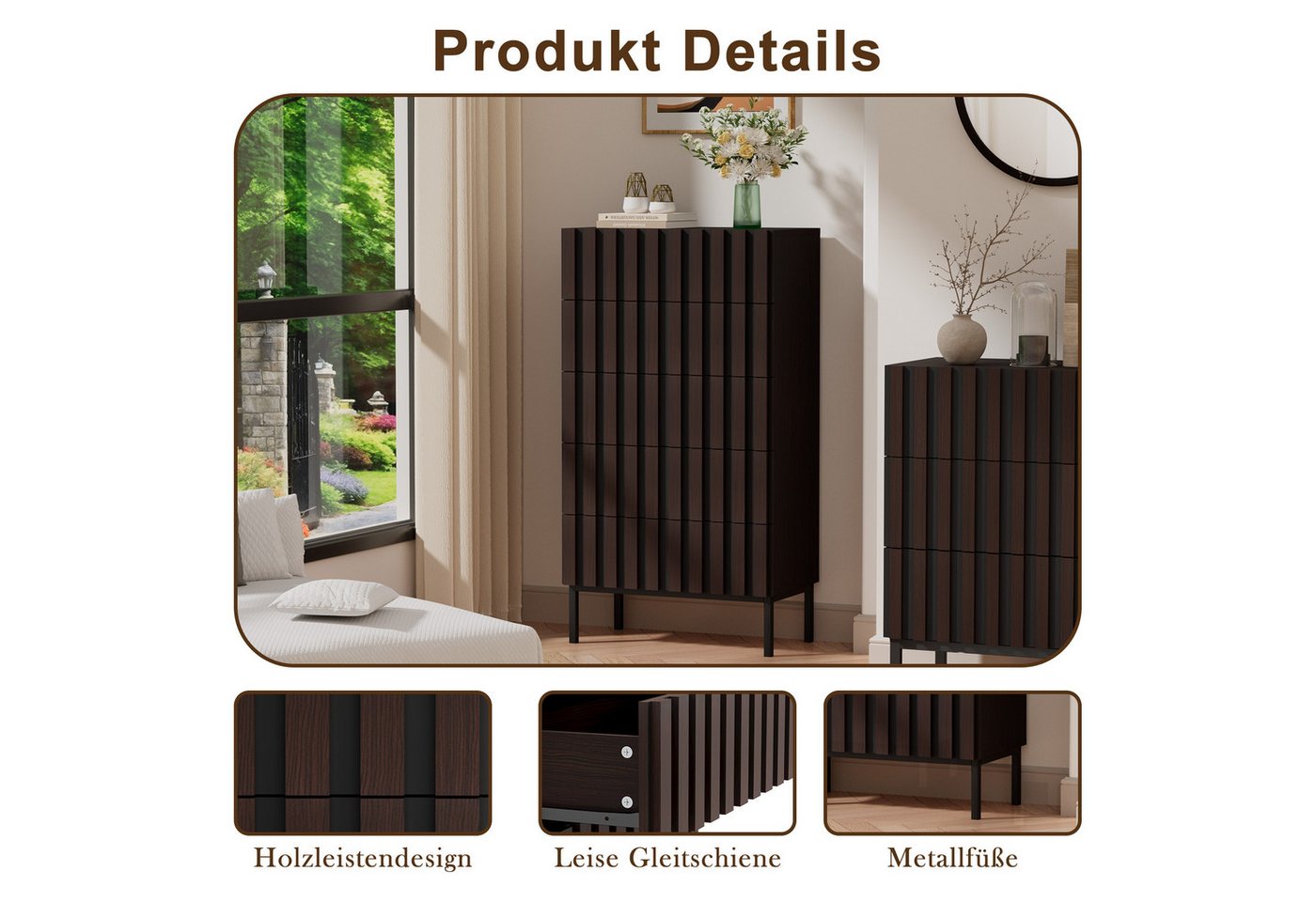 UEV Kommode schmal mit 4/5 Schublanden, Sideboard Beistellschrank Buffet (Aufbewahrungskommode, Mehrzweckschrank aus Holz(Natur/Schwarz/Dunkelbraun), Schrank fü – Bild 5 von 5