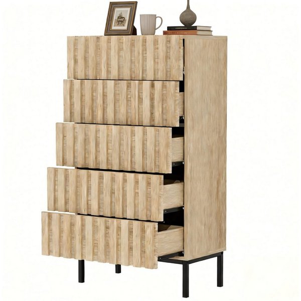 UEV Kommode schmal mit 4/5 Schublanden, Sideboard Beistellschrank Buffet (Aufbewahrungskommode, Mehrzweckschrank aus Holz(Natur/Schwarz/Dunkelbraun), Schrank fü