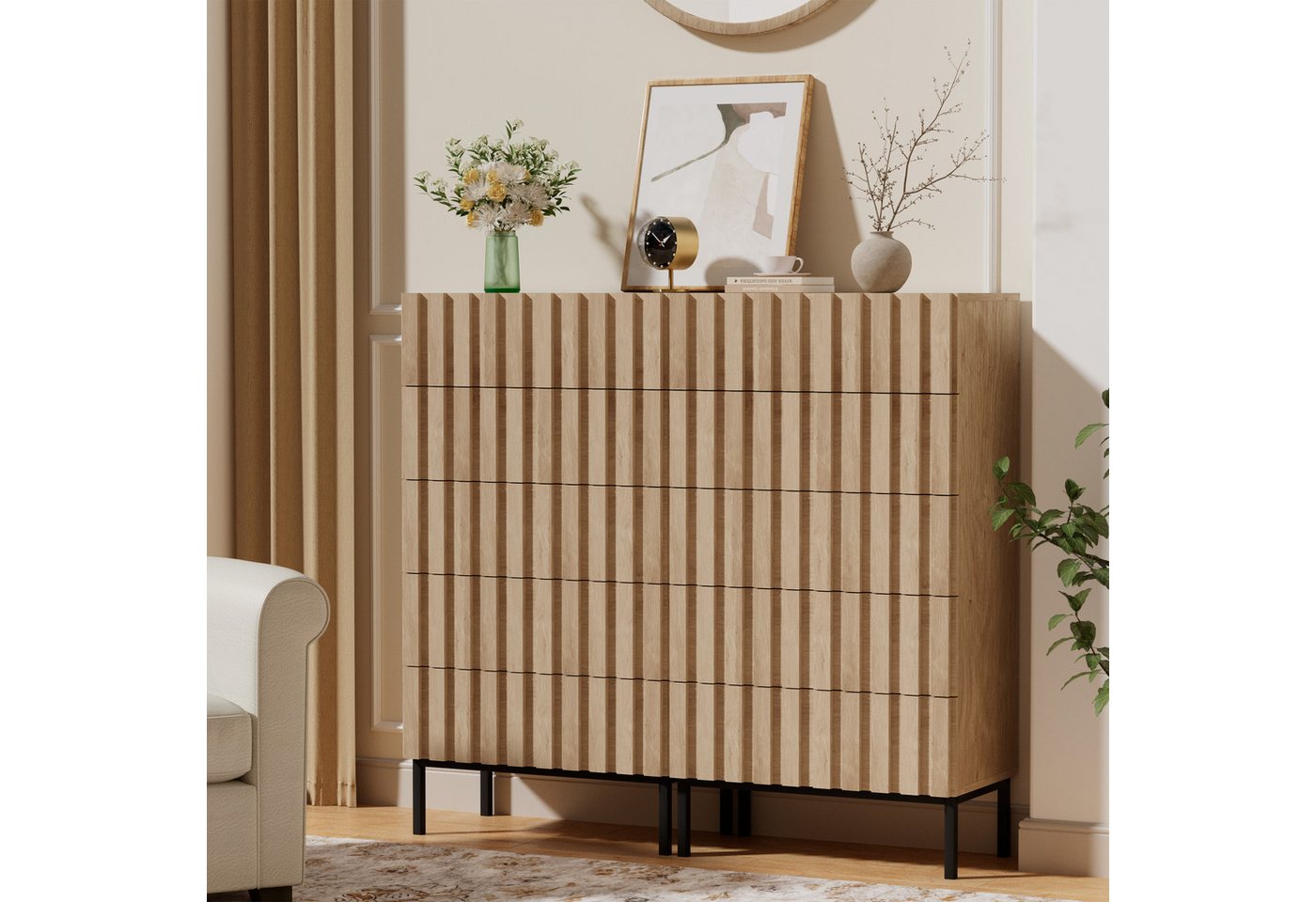 UEV Kommode schmal mit 4/5 Schublanden, Sideboard Beistellschrank Buffet (Aufbewahrungskommode, Mehrzweckschrank aus Holz(Natur/Schwarz/Dunkelbraun), Schrank fü – Bild 3 von 5