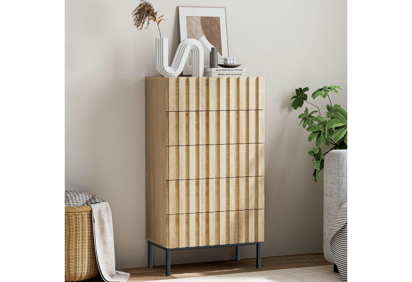 UEV Kommode schmal mit 4/5 Schublanden, Sideboard Beistellschrank Buffet (Aufbewahrungskommode, Mehrzweckschrank aus Holz(Natur/Schwarz/Dunkelbraun), Schrank fü – Bild 5 von 5