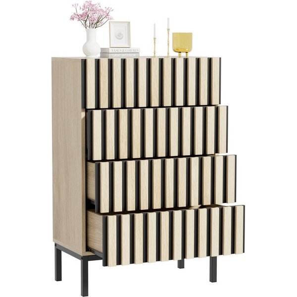 UEV Kommode schmal mit 4/5 Schublanden, Sideboard Beistellschrank Buffet (Aufbewahrungskommode, Mehrzweckschrank aus Holz(Natur/Schwarz/Dunkelbraun), Schrank fü